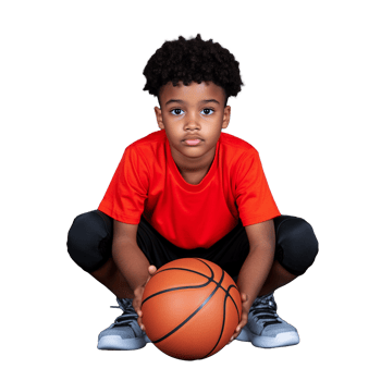 Young boy in red shirt holding basketball while crouching on transparent background png