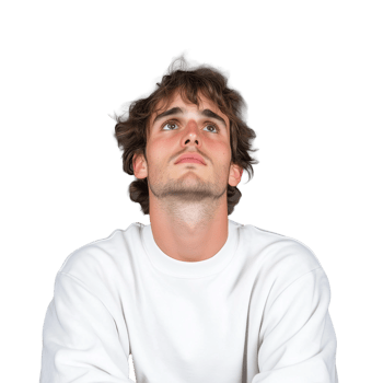 Young man in white sweatshirt looking upward on transparent background png