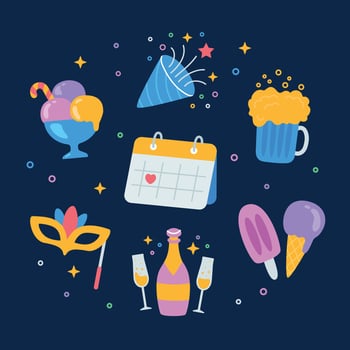 Party icon set with a calendar, ice cream, beer, mask, champagne, and confetti vector
