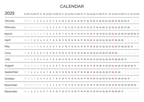 Linear calendar for 2025. Horizontal, week starts on Sunday, black and white, English. vector