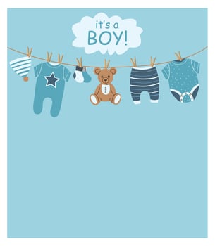 It's a boy. Baby shower party invitation. Invitation with children's clothes and toys hanging on a rope. Template for party invitation, poster, greeting card. vector