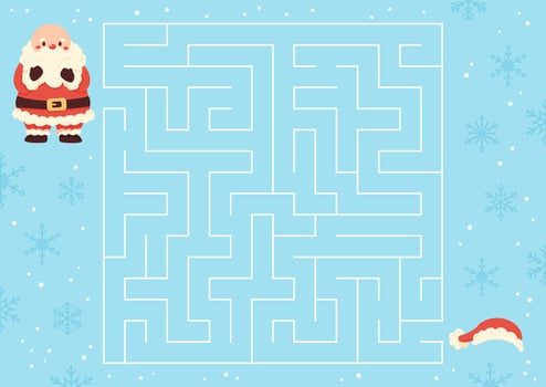 Christmas maze. Help the Santa Claus find his hat. Labyrinth for kids. Winter activity worksheet. vector