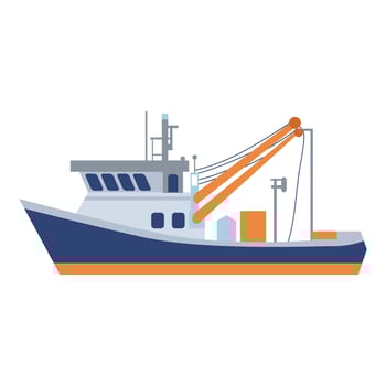 Fish industry ship in flat design. Commercial fishing trawler floating. illustration isolated. vector