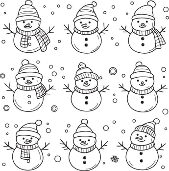 Cute Snowmen Coloring Page for Christmas - Simple Line Art with Black Outline on White Background vector