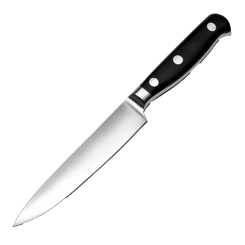Black handled chefs knife, steel blade png