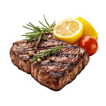 Grilled steak with lemon and herbs on a plate png
