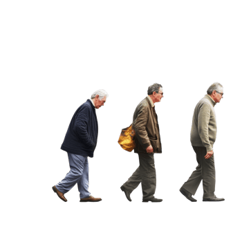 Three elderly men walking in a calm urban setting png