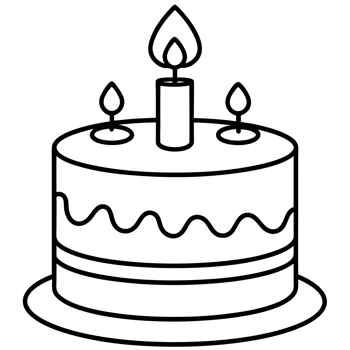 A simple black and white outline drawing depicts a cake with three candles on top. cutouts png