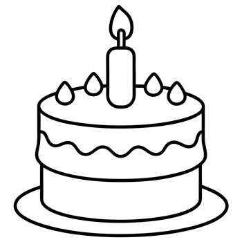 A simple black and white outline drawing depicts a cake with one candle on top. cutouts png