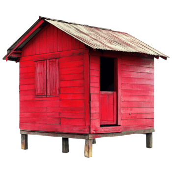 Small red wooden house on stilts in a rural area png