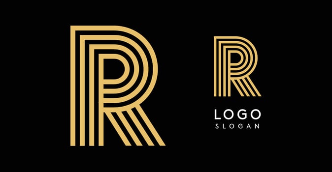 Geometric golden letter R with concentric lines on black background. Sleek sophisticated logo design. Luxury, modernity, elegance logotype for premium branding, corporate identity. illustration. vector