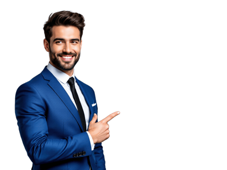 A man in a blue suit pointing at something png