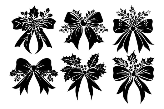 Festive Holiday Bows with Holly Illustrations vector