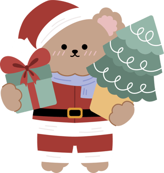 Cute Bear wear Santa Costume holding christmas tree and gift png