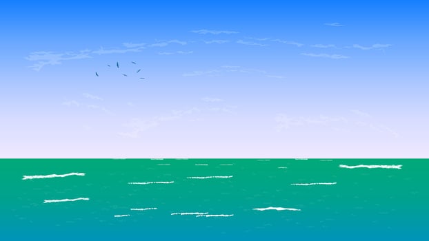 Graphics Image Blue ocean, clear sky, dotted with fluffy white clouds. waves against the shore create a soothing ambiance vector
