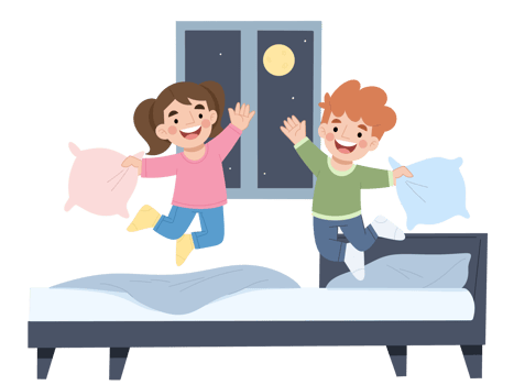 Illustration of children playing pillows on the bed at night png