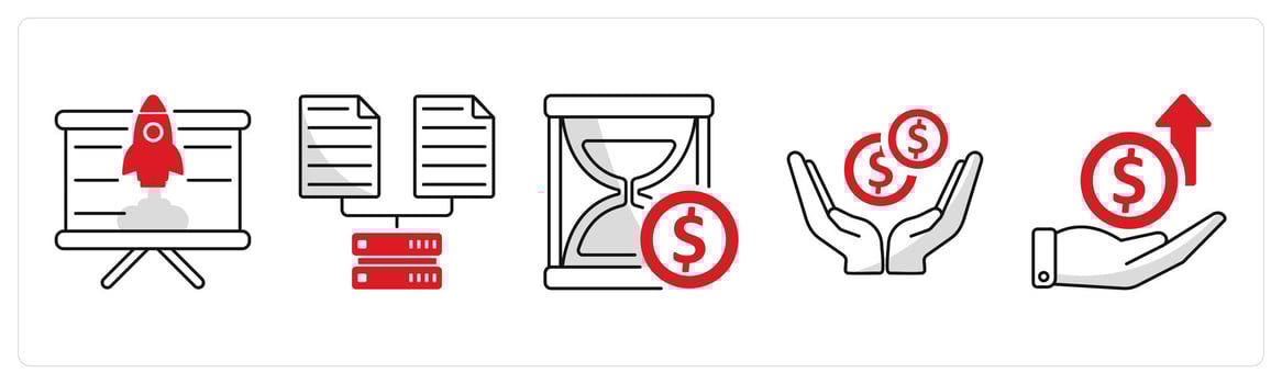A set of 5 business icons as business startup, data collection, time is money vector