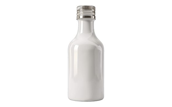 White glass bottle with silver top for cosmetic products and solutions. Isolated . png