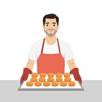 Young baker in professional uniform and chef hat holding baking tray. vector