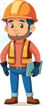 Construction worker holding a document and smiling, wearing safety gear vector