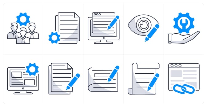 A set of 10 web design icons as development team, content management, content writing vector