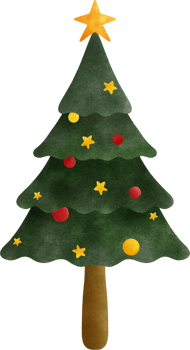 Christmas tree with a golden star on top, decorated with red and yellow ornaments and stars. png