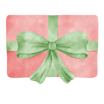A wrapped gift with a pink paper and a large green bow. png