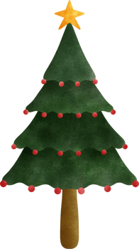 Christmas tree with a golden star on top, decorated with red ornaments. png