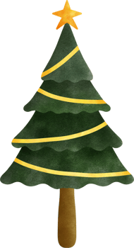 Christmas tree with a golden star on top, decorated with yellow ribbons. png