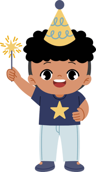 cute boy holding sparkler and wearing party hat png