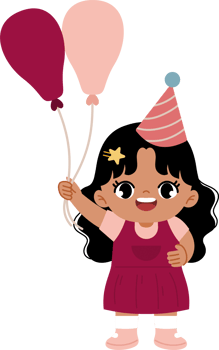 girl holding ballons and wear party hat png