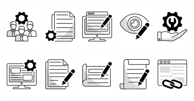 A set of 10 web design icons as development team, content management, content writing vector