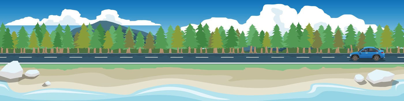 or Illustration of a Luxury blue car on the asphalt road. for banner. Traffic on the beach road. Background covered with pine trees. Big mountain under blue sky and white clouds. vector