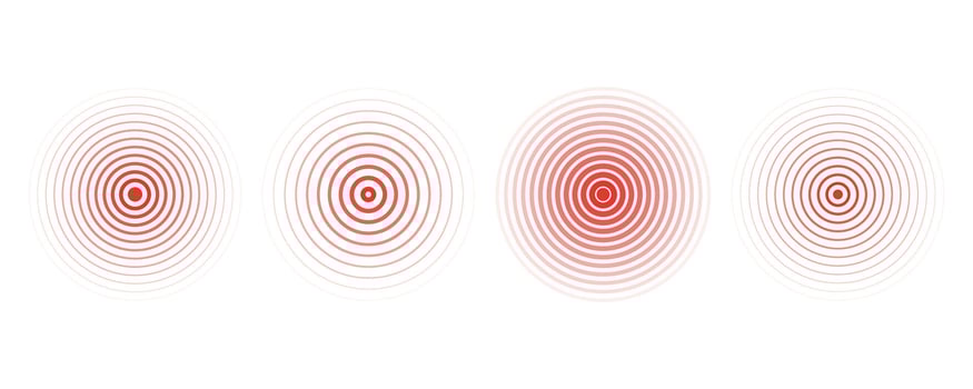Concentric ripple circles set. Seismic Earthquake alert radar. Radial signal, sonar wave, soundwave rings. touch effect or pulse vector