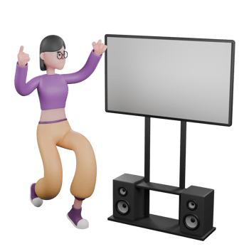 Dance Performer Star in 3D. A female dancer ran beside the big screen with her hands raised upwards with a smiling expression . Performer Design png