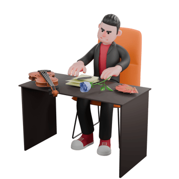 3D Cartoon Choreographer Character. A male choreographer sits on his desk chair with both hands trying to tidy up his messy desk. Dance Designer png