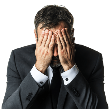 A man in a suit covering his face with his hands png