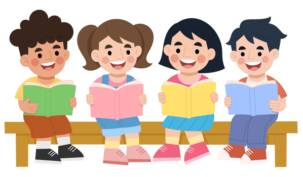Illustration of children reading a book together on a bench png