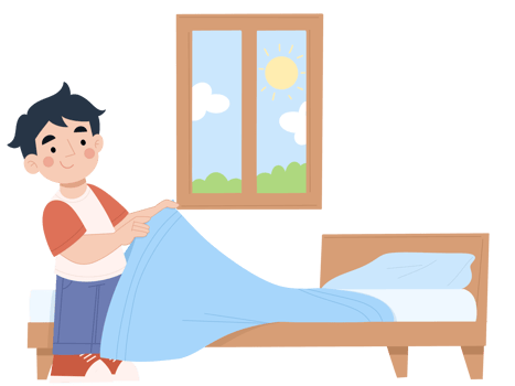 Illustration of a boy making a bed png