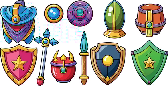 Fantasy armor set. Cartoon ancient military ammo, soldier helmet and vintage shield. Medieval knight weapon vector