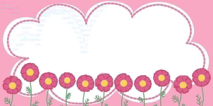 Spring cute pink flowers seamless frame, greeting card with season elements, flat design isolated on white background. vector