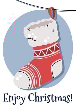 Christmas greeting card with a hanging Christmas stocking in a flat cartoon style. illustration for poster, banner, invitation, etc. vector