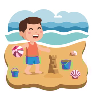 A boy playing with sand and toys on the beach vector