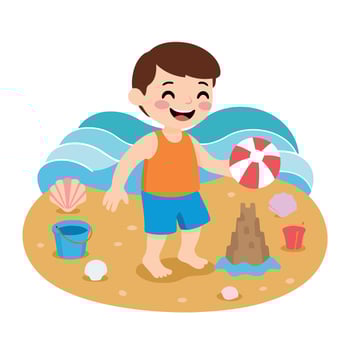 A boy playing with sand and toys on the beach vector