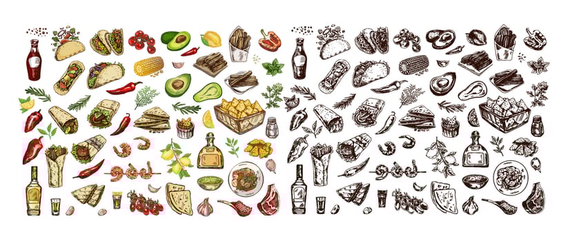 hand-drawn mexican food and products in vintage sketch style vector