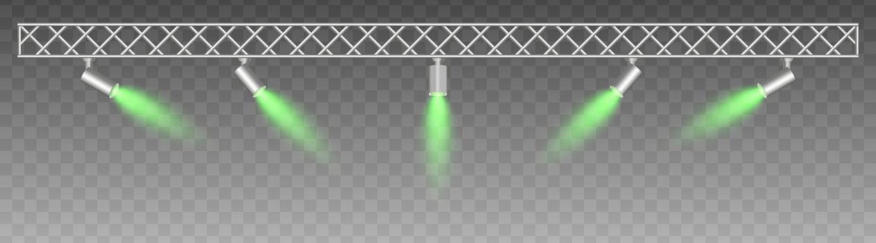 Metal truss with adjustable spotlights emitting soft green beams, searchlight. projector. Industrial-style setup with focused lighting, Stage light, exhibitions, modern interior vector