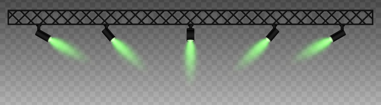 Metal truss with adjustable spotlights emitting soft green beams, searchlight. projector. Industrial-style setup with focused lighting, Stage light, exhibitions, modern interior vector