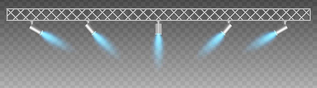 Metal truss with adjustable spotlights emitting soft blue beams, searchlight. projector. Industrial-style setup with focused lighting, Stage light, exhibitions, modern interior vector