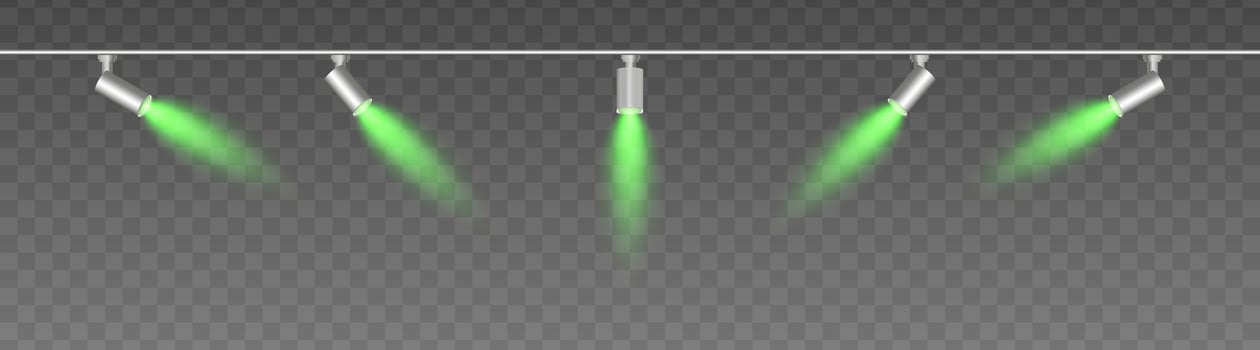 Row of adjustable spotlights with warm green glow, casting angled beams. Modern lighting setup suitable for stage, exhibition, or interior decor, adding ambiance against a dark background vector
