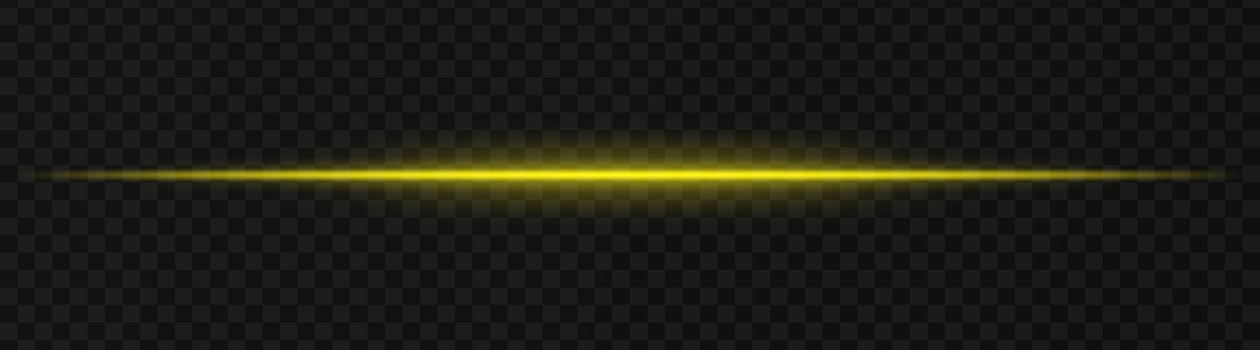 Intense gold horizontal light beam effect on a transparent background, ideal for sci-fi themes, digital design elements, or futuristic visual effects. vector